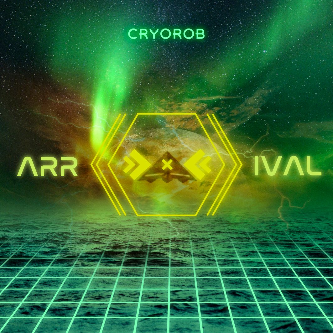Cover art for Cryorob’s Arrival — a spacecraft landing on a futuristic planet bathed in colored light.